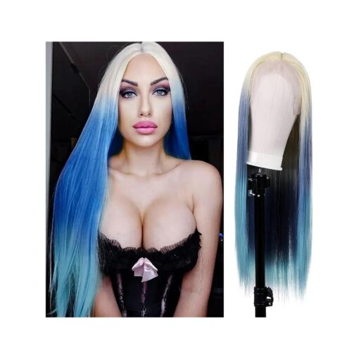 Blonde to Blue Wig 13x4 Lace Front Wigs for Women Long Straight Ombre Blue Wigs Natural Hairline Pre Plucked 150 % Density Kanekalon Futura Fiber Hair Heat Resistant Synthetic Wigs Daily Use Cospaly Halloween Party 22"