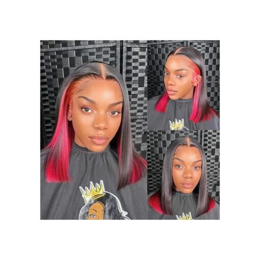 Highlight Short Bob Wig Human Hair Ombre Hot Pink Lace Front Wigs, Skunk Stripe 13x4 Lace Frontal Human Hair Wigs Blunt Cut Straight Peekaboo Bob for Women ( 12 Inch, Hot Pink Straight Bob )