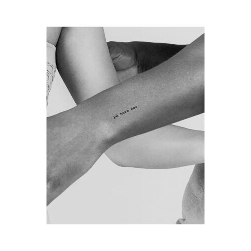 Inkbox Temporary Tattoo of Quote, Realistic, Semi-Permanent and Long Lasting Temporary Tattoo for Adults, Lasts 1-2 Weeks - Tattoos with Self Expression & Easy Application - Be Here Now, Ici, 2x2