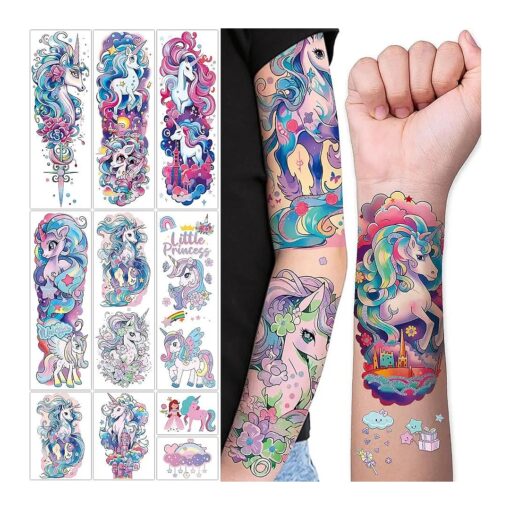 Unicorn Temporary Tattoo Kids, 35 Styles Realistic Temporary Tattoos, Full Half Arm Sleeve Fake Glitter Tattoo Kit, Waterproof Birthday Party Supplies, Makeup Gifts for Girls Kids ( 24 Sheets )