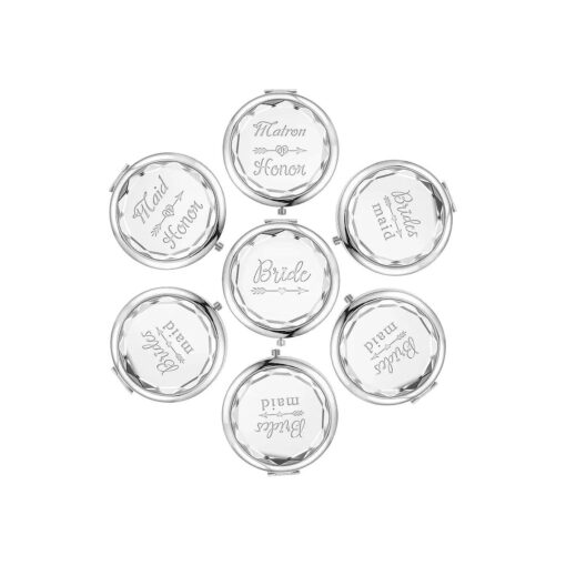 Pack of 7 Compact Pocket Makeup Mirrors Set Include 1 Bride Mirror 1 Maid of Honor Mirror 1 Matron of Honor Mirror and 4 Bridesmaid Mirrors Wedding Bridesmaid Proposal Gifts ( Silver )