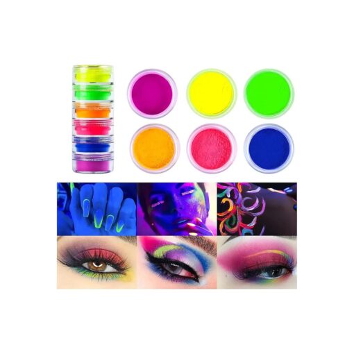 6 colors Neon Pigment Eyeshadow Powder, FindinBeauty UV Glow Blacklight Mixed Bright True Colors Eye Shadow Pigments, Neon Pigment Eyeshadow Powder for Christmas Face Body Makeup