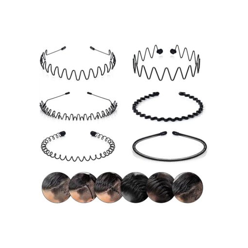 6PCS Metal headbands for Men Headbands Women Wavy Hairband Spring Hair Hoop Sports Fashion Hair Bands Unisex Black Elastic Non Slip Simple Headwear Accessories