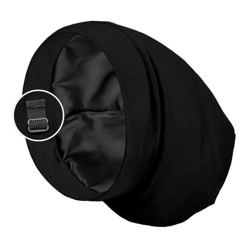 PARISBELLA Satin Lined Sleep Cap Bonnet for Curly Hair and Braids, Stay On All Night Wrap with Adjustable Strap for Women and Men, Black, Pack of 1