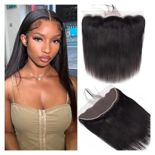 13x4 Lace Frontal Closure Straight Human Hair Ear to Ear HD Lace Frontal Closure Free Part Brazilian Straight Hair Extensions 150 % Density Lace Frontal Human Hair Pre Plucked with Baby Hair 12 Inch