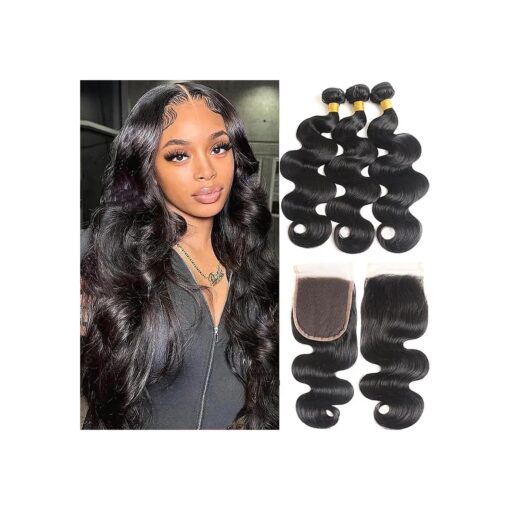 Bundles with Closure Human Hair Body Wave 12 14 16+10 Inch 100 % Unprocessed Brazilian Virgin Human Hair 3 Bundles with Closure Human Hair Extensions with 4x4 Free Part Lace Closure Natural Black