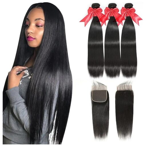 Straight Bundles with Closure Brazilian Human Hair Bundles with Closure Unprocessed Straight 3 Bundles with Closure Natural Black Color Double Weft Human Hair 3 Bundles with Closure for Black Women