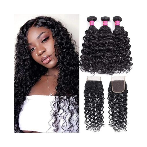 Brazilian Water Wave Bundles with Closure 10A Unprocessed Virgin Human Hair Weave 3 Bundles with Closure Natural Black Remy Hair Extensions ( 22 24 26+20 )