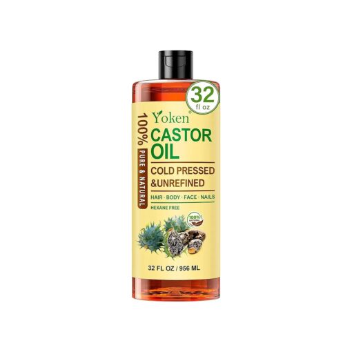 Yoken Pure Castor Oil Cold Pressed 32 fl oz - 100 % Natural Castor oil for Hair, Face, Body & Eyebrows, Hexane Free, Unrefined, Great for Castor Oil Pack Deep Nourish Skin Moisturizer Multi-purpose Oil