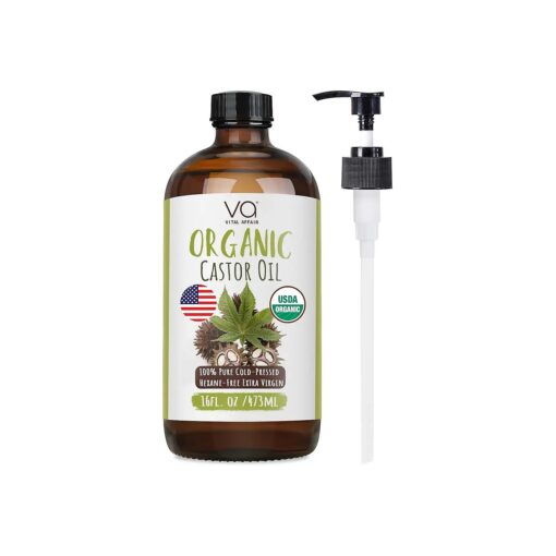 Castor Oil Organic Cold Pressed Unrefined Glass Bottle- USDA Certified Organic Castor Oil For Castor Oil Pack Wrap-Castor Oil For Skin, Hair Growth, Eyelashes, Eyebrows & Nails-16 fl oz