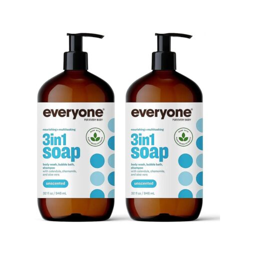 Everyone 3-in-1 Soap, Body Wash, Bubble Bath, Shampoo, 32 Ounce ( Pack of 2 ), Unscented, Coconut Cleanser with Plant Extracts and Pure Essential Oils