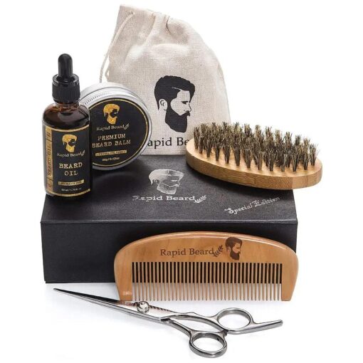 Beard Grooming & Trimming Kit for Men Care - Beard Brush, Beard Comb, Unscented Beard Oil Leave in Conditioner, Mustache & Beard Balm Butter Wax Growth, Styling - Stocking Stuffers Set