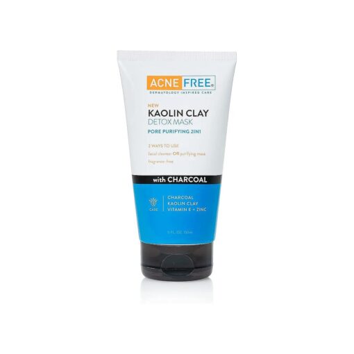 Acne Free Kaolin Clay Detox Mask 5oz with Charcoal, Kaolin Clay, Vitamin E + Zinc, Cleanser or Mask for Oily Skin, To Deeply Clean Pores and Refine Skin