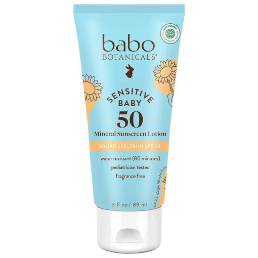 Babo Botanicals Sensitive Baby Mineral Sunscreen Lotion SPF50 - Natural Zinc Oxide - Face & Body - Fragrance-Free - Water-Resistant - EWG Verified - Vegan - Extra Sensitive Skin - For Babies & Kids