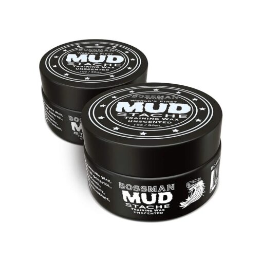 Bossman MUDstache Unscented Mustache Wax - 2 Pack - No Pull - Spreads Easy for a Strong Non-Tacky 24 hr Hold - Tame, Train and Style - Moustache Wax for Men ( 1oz )