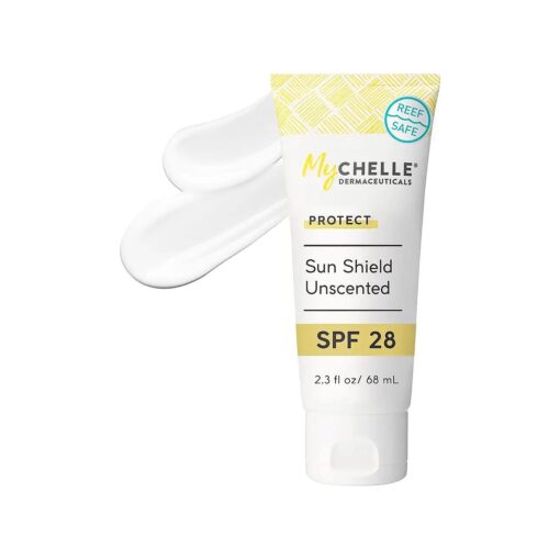 MyCHELLE Dermaceuticals Sun Shield SPF 28 Unscented ( 2.3 Fl Oz ) - Soothing Reef Safe Sunscreen with Vitamin E and Aloe - Travel Size Zinc Sunscreen for Face and Body