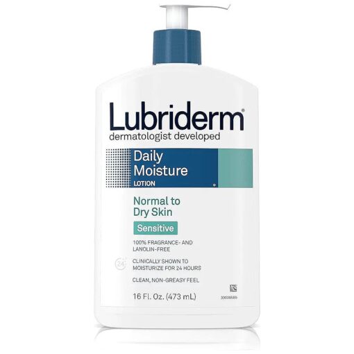 Lubriderm Daily Moisture Body Lotion for Sensitive, Dry Skin, Enriched with Vitamin B5, Dye and Lanolin Free, Unscented and Non-Greasy, 16 fl, oz