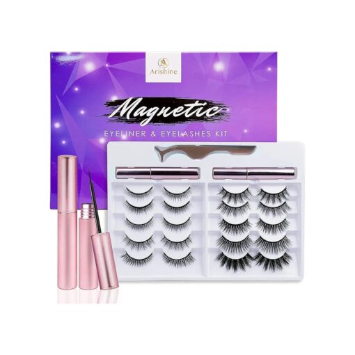 Updated 3D 6D Magnetic Eyelashes with Eyeliner Kit- 2 Tubes of Eyeliner & 10 Pairs Eyelashes Kit-With Natural Look & Reusable False lashes -No Glue Need