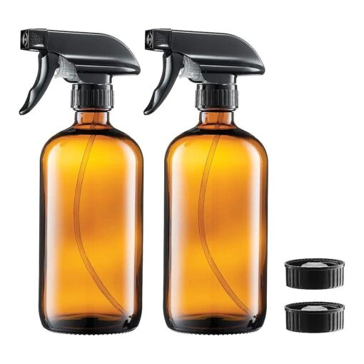 Paksh Novelty Glass Spray Bottles Amber 2 Pack 16 Oz Refillable Container with Durable Leakproof Trigger Sprayer with Mist/Stream/Lock for Hair, Cleaning Products, Essential Oils, Aromatherapy, Water