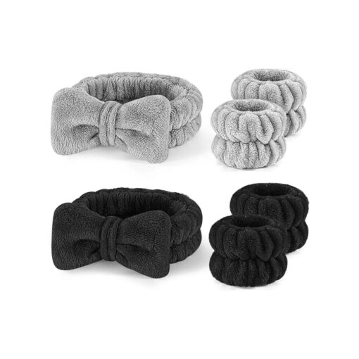 6PCS Spa Headband and Wristband Set, Skincare Makeup Headband for Washing Face, Towels Wrist band for Women Girls Prevent Liquid Spilling from Arms ( Black+Grey )