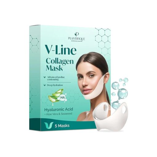 PLANTIFIQUE V-Line Collagen Mask for face 5 PCS, Chin Strap for Women & Men, V Line Lifting Mask with Collagen and Hyaluronic Acid, V Shape Face Tape Chin and Neck Mask for Skin Firming