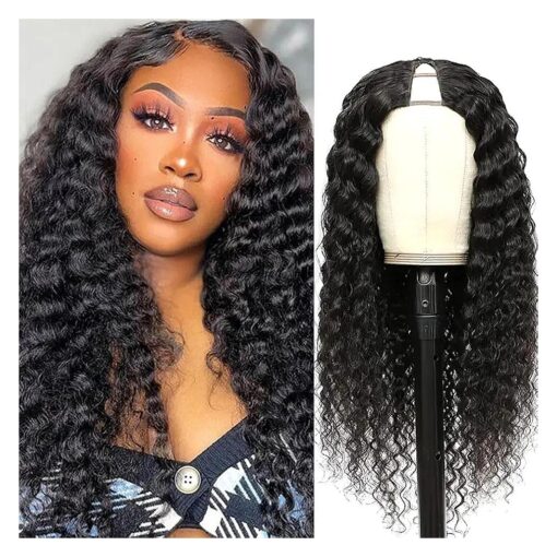 250 % Density Deep Wave V Part Wig Human Hair V Shape Wig Glueless Brazilian Virgin Hair Full Head No Leave Out Clip ins Half Wig Deep Curly Upgrade U Part Wig for Women