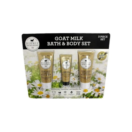 Goat Milk Bath & Body Set, 3 Piece Set, Includes 1 oz, ( 28 g ) Body Lotion / 2 fl oz, ( 59mL ) Whipped Body Scrub x2, Cruelty Free, Paraben Free, Sulfate Free, Dermatologist Tested ( Vanilla Bean )