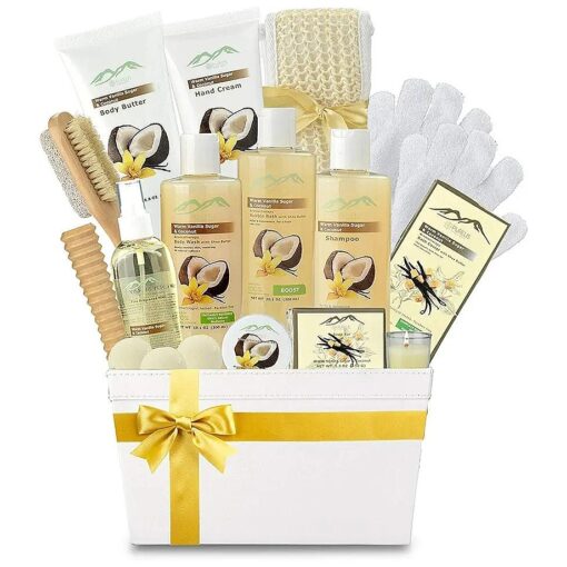 Vanilla Coconut Spa Gift Set Bath & Body Gift Basket, Natural Large Spa Basket ! # 1 Spa Gift Basket for Women and Men !