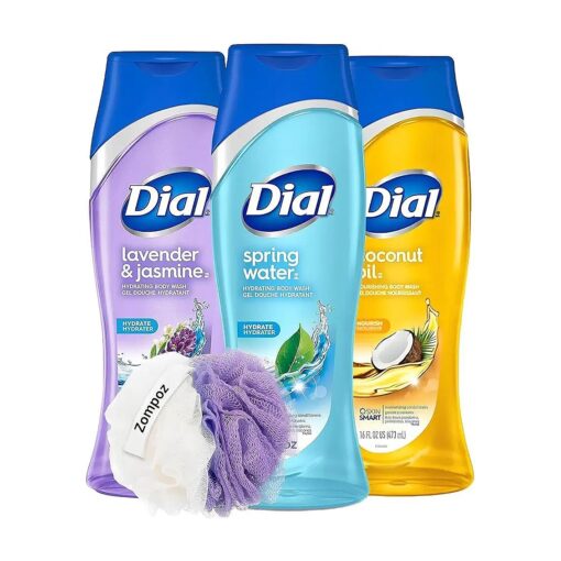 Dial Body Wash Variety Set of 3 Assorted Sizes, Lavender and Jasmine, Spring Water, Coconut Oil Scents, Plus Bonus Party-pom Pouf