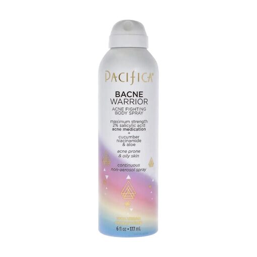 Pacifica Beauty Bacne Warrior Acne Fighting Body Spray for Body and Back, 2 % Salicylic Acid, Niacinamide, Cucumber & Aloe, Sensitive Skin Approved, 100 % Vegan and Cruelty Free, Clear, 6 Fl Oz