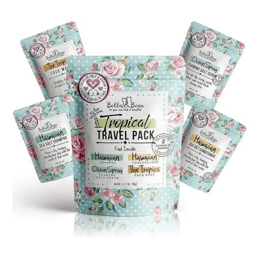 Bella & Bear Tropical Travel Pack, Self Care Kit, Includes Cruelty Free Shampoo, Conditioner, Body Scrub, Face Mask,1oz, Pack of 4