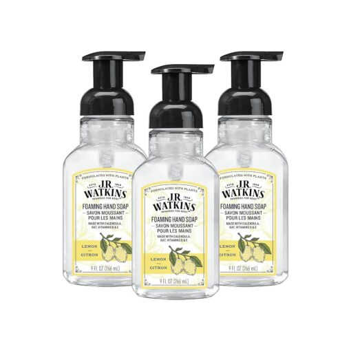 J.R. Watkins Foaming Hand Soap with Pump Dispenser, Moisturizing Foam Hand Wash, All Natural, Alcohol-Free, Cruelty-Free, USA Made, Lemon, 9 fl oz, 3 Pack