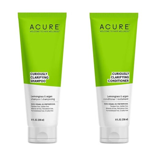 Acure Curiously Clarifying Shampoo & Conditioner Bundle, 100 % Vegan, Lemongrass & Argan, Cleanses, Removes Buildup, Boost Shine & Replenishes Moisture, 8 Fl Oz Each