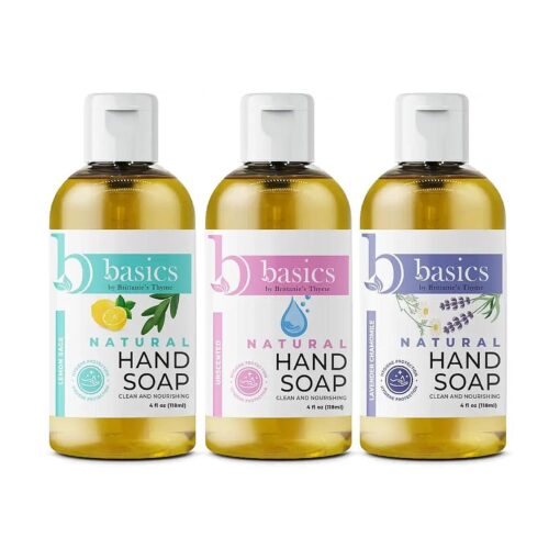 Basics Natural Olive Oil Hand Soap, 4 fl oz, Pack of 3 ( Lavender Chamomile, Lemon Sage & Unscented ) Cruelty Free, Vegan, No Synthetic Additives, No Sulfates, Paraben Free, Phthalate Free