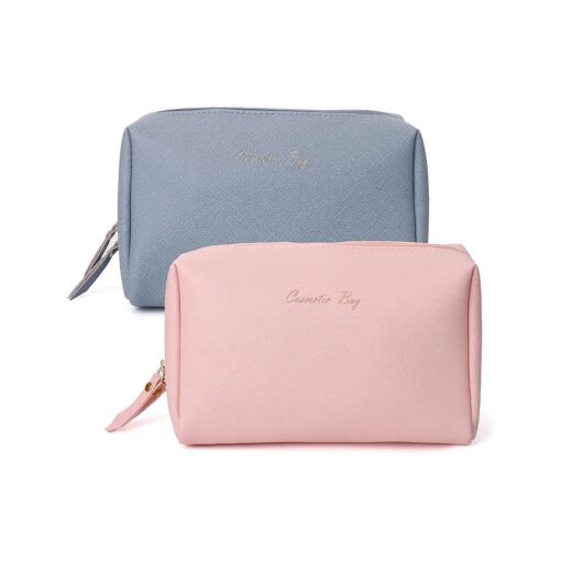 Leather Makeup Bag Set Makeup Pouch Water-Resistant PU Vegan Cosmetic Travel Bag for Women and Girls 2Pcs Haze Blue + Pink