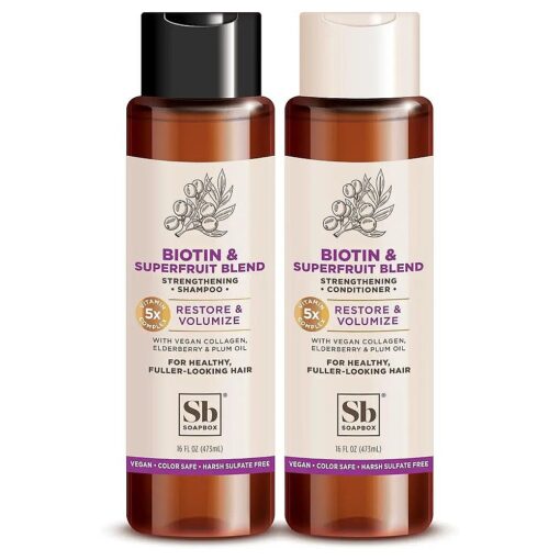 Soapbox Biotin & Superfruit Shampoo & Conditioner Set with Vegan Collagen, Aloe and Shea Butter, Pack of 2 Sulfate Free, Paraben Free, Silicone Free, Color Safe and Vegan Hair Products, 16 Ounces Each