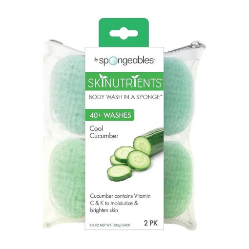 Spongeables Skinutrients Body Wash in a Sponge, Cool Cucumber with Bonus Travel Bag, 20+ Washes, 2 Pack