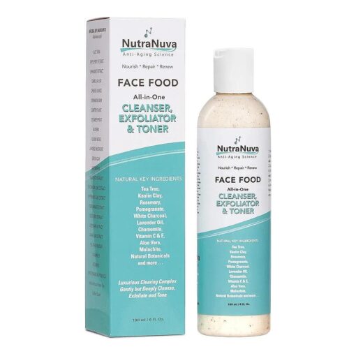 Face Food - Cleanser, Exfoliator & Toner All-in-One - Clear Skin Natural Vegan Facial Wash, Tea Tree & Clay, Gentle Clean Anti Aging, Not Drying/Oily, Restore pH, Fight Acne, 6 Oz