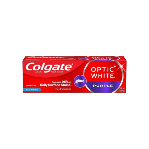 Colgate Optic White Purple Toothpaste for Teeth Whitening, Teeth Whitening Toothpaste with Fluoride, Helps Remove Surface Stains and Polishes Teeth, Enamel-Safe for Daily Use, Mint Paste, 4.2 oz