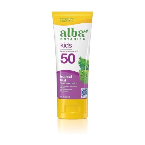 Alba Botanica Kids Sunscreen for Face and Body, Tropical Fruit Sunscreen Lotion for Kids, Broad Spectrum SPF 50, Water Resistant and Hypoallergenic, 3 fl, oz, Bottle