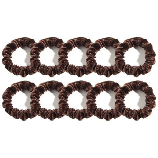 Pack of 10 Small Velvet Scrunchies for Women Hair Accessories, Mini Thin Elastic Hair Ties, LFOUVRE Rubber Hair Bands for Thick Hair, Mini Scrunchies for Thin Hair Ponytail Holders Coffee