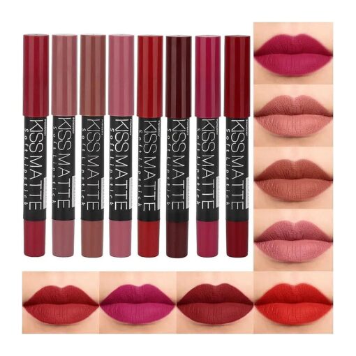 evpct 8Pcs Matte Lipstick and Lip Crayon Lip Liner Pencil Pen Set for Women DNM Dark Ruby Deep Red Nude Beige Chestnut Brown Mauve Plum Purple Wine Red Matte Lip Liner Crayon and Liquid Lipstick 03