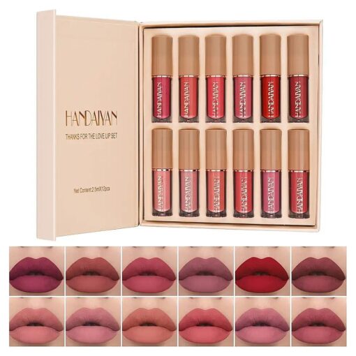 12 Colors Book Style Velvet Matte Liquid Lipstick Christmas Gift Set Long-Lasting Non-Stick Cup Not Fade Shimmer Nude Lip Gloss Thanks For the Love Lip Set ( Set B )