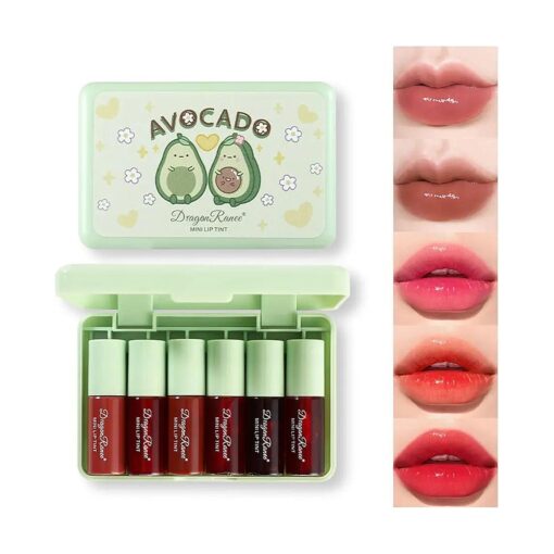 6 Colors Lip Tint Stain Set, Korean Velvet Water Lip Tint Moisturizing Mini Liquid Lipstick, Multi-Use Lip and Cheek Tint Stains Set, Long Lasting, Non-Stick Cup, High Pigment, Vivid Color ( Avocado )