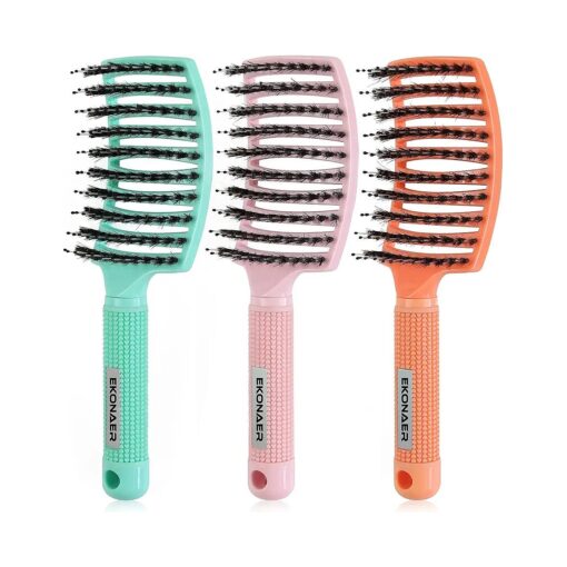 3 Pack Vented Quick Drying Massage Blow Detangler Brush, Boar Bristle Hair Brush Set-Curved, Detangling Hair Brush for Women Long, Thick, Thin, Curly ( Green )