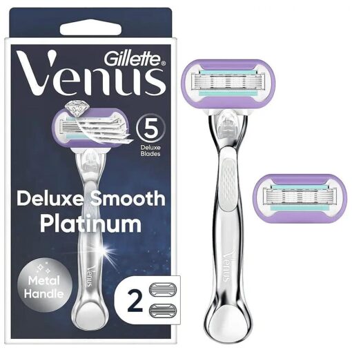 Gillette Venus Deluxe Smooth Platinum Razors for Women, 1 Venus Razor, 2 Razor Blade Refills, Metal Handle with Anti-Slip Grip