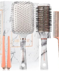 Lily England Hair Brush Set Women - Paddle Brush, Round Blow Drying Hairbrush, Tail Comb & Clips - Professional Hairbrushes Gifts for Women, Marble & Rose Gold