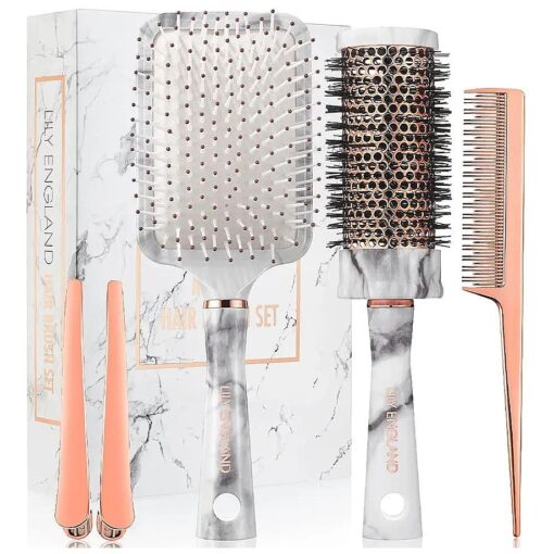 Lily England Hair Brush Set Women - Paddle Brush, Round Blow Drying Hairbrush, Tail Comb & Clips - Professional Hairbrushes Gifts for Women, Marble & Rose Gold