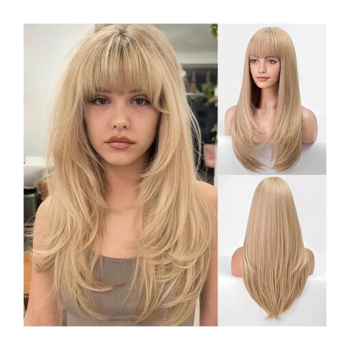 EMMOR 613 Blonde Wig With Bangs For Women Long Straight Wigs Synthetic Layered Hairstyle For Girls Party Cosplay And Daily Use ( 26" Platinum Blonde )