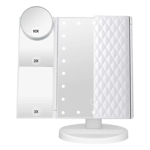 Makeup Mirror Vanity Mirror with Lights 1X 2X 3X 10X Magnification, Lighted Makeup Mirror, Touch Control, Tri-Fold Portable LED Makeup Vanity, Two Power Supply Modes, White